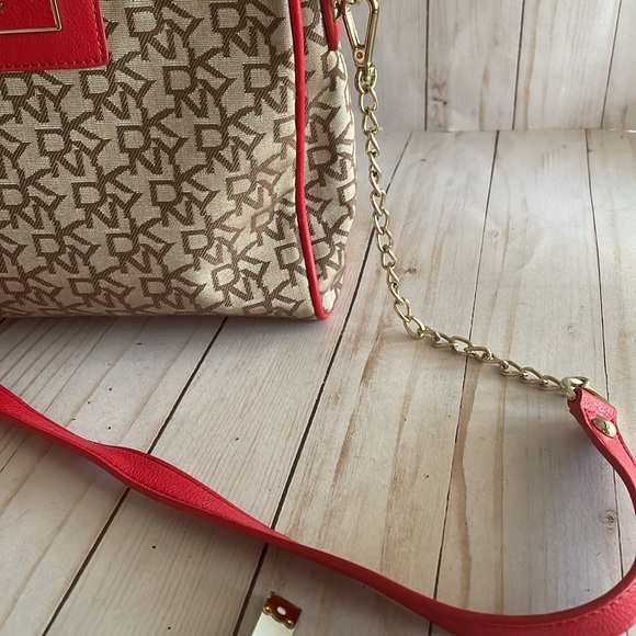 DKNY Red Beige Logo Purse Satchel Crossbody Shoulder Clutch Handbag VERSATILE - Picture 3 of 14